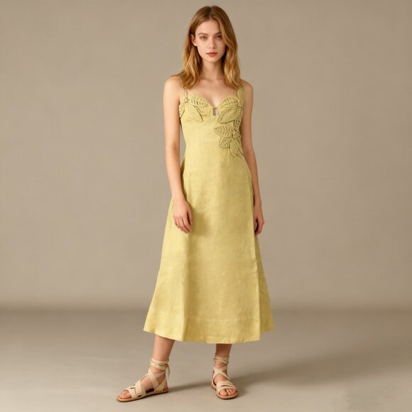 NWOT FARM RIO Linen Sand 3d Flower Midi Dress Size XS - Picture 1 of 11